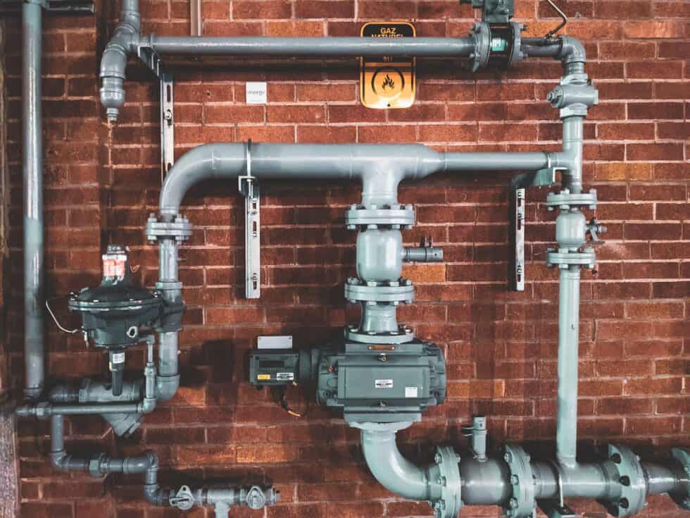 Industrial plumbing pipes and valves for commercial buildings.